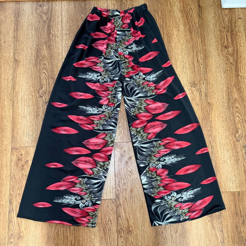 90s Floral Wide Leg Palazzo Pants Black Red Botanical Sheer Elastic Waist Boho
